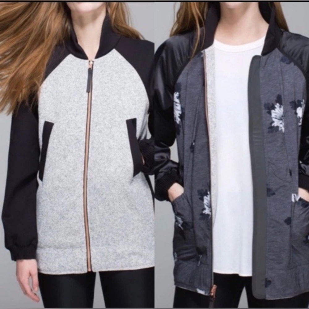 Lululemon Both Ways Bomber Jacket Atomic Flower Reversible Grey Black Floral 6/8
